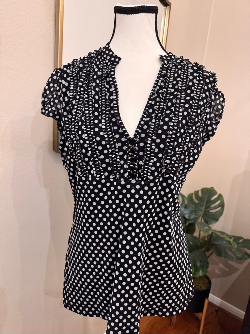 INC International Concepts L Black White Polka Dot Ruffle Blouse